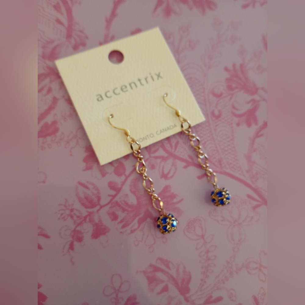 Accentrix Gold Chain Drop Earrings with Blue Dangling Round Embellished Charm